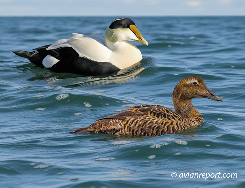 Male and female common eider floating in the water.
