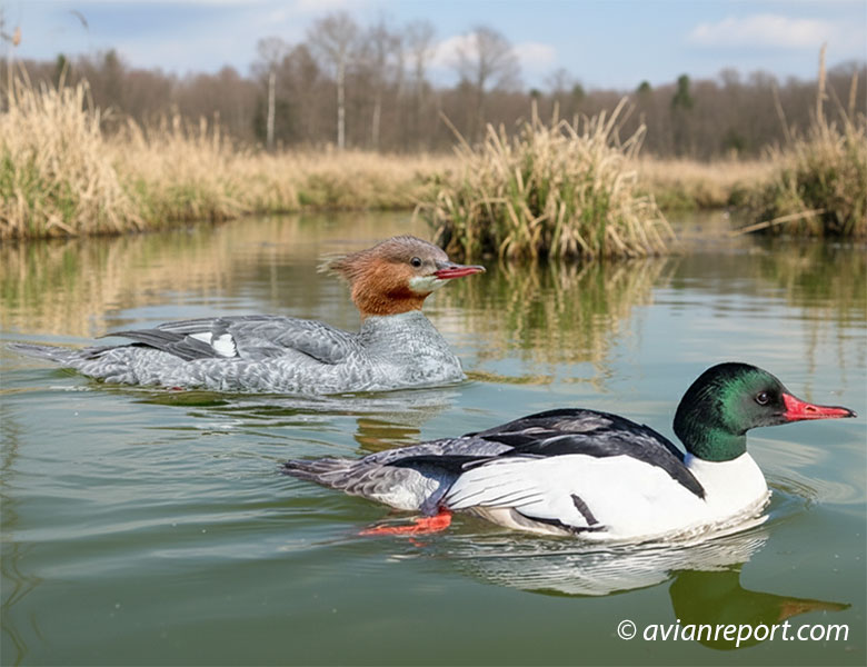 Pair of common mergansers relaxing at a small wetland.